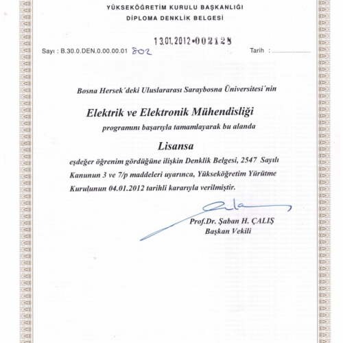 Elektrik ve Elektronik Mühendisliği Denklik Belgesi Örneği