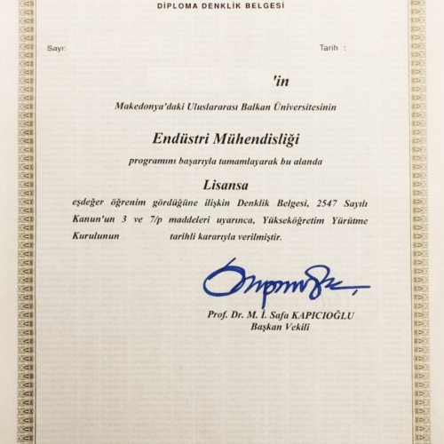 Uluslararası Balkan Üniversitesi Endüstri Mühendisliği Denklik Belgesi