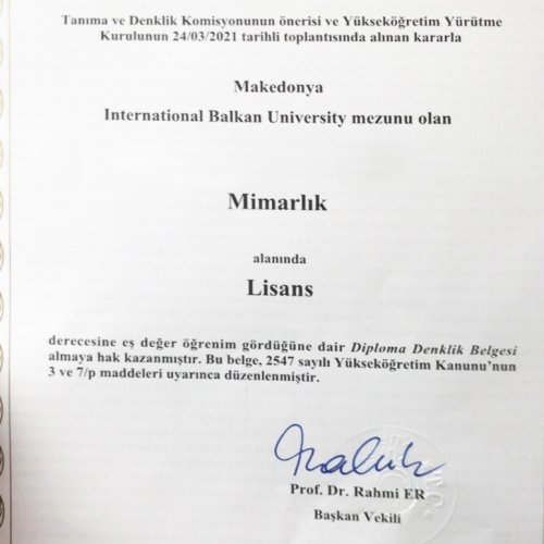 Uluslararası Balkan Üniversitesi Mimarlık Denklik Belgesi