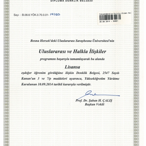 Uluslararası ve Halkla İlişkiler Denklik Belgesi Örneği
